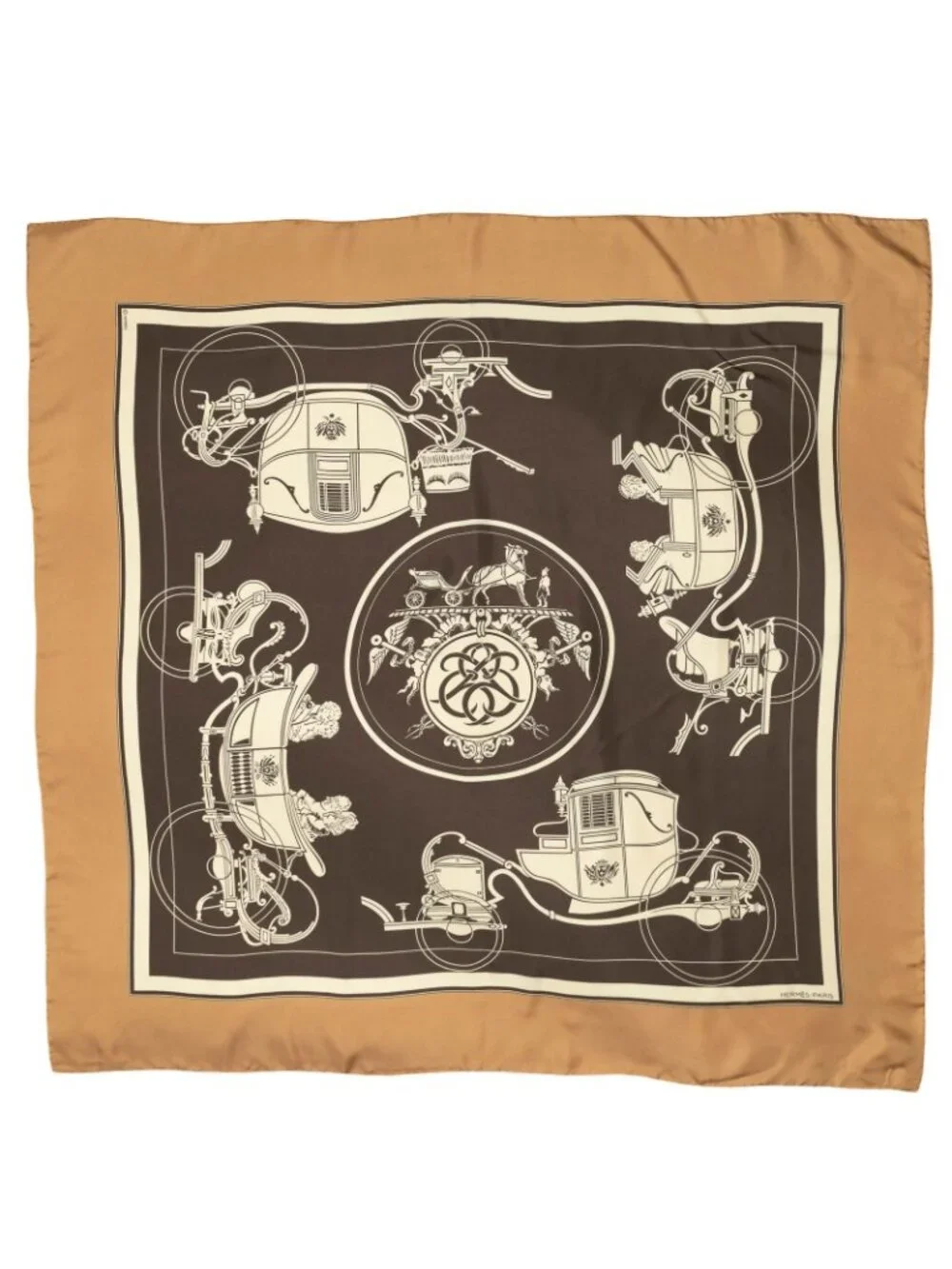 Hermes Scarf Dark Brown Tan Ivory 100% Twill Silk